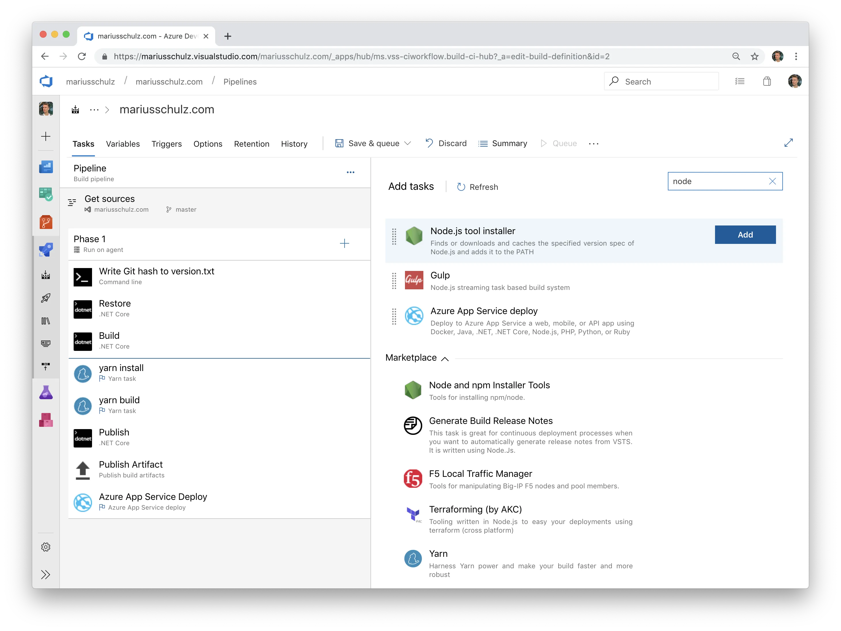 Task search results in an Azure DevOps pipeline