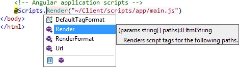 IntelliSense Suggesting the Scripts.Render() Method