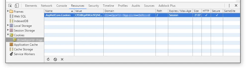 Chrome Developer Tools showing a site's cookies