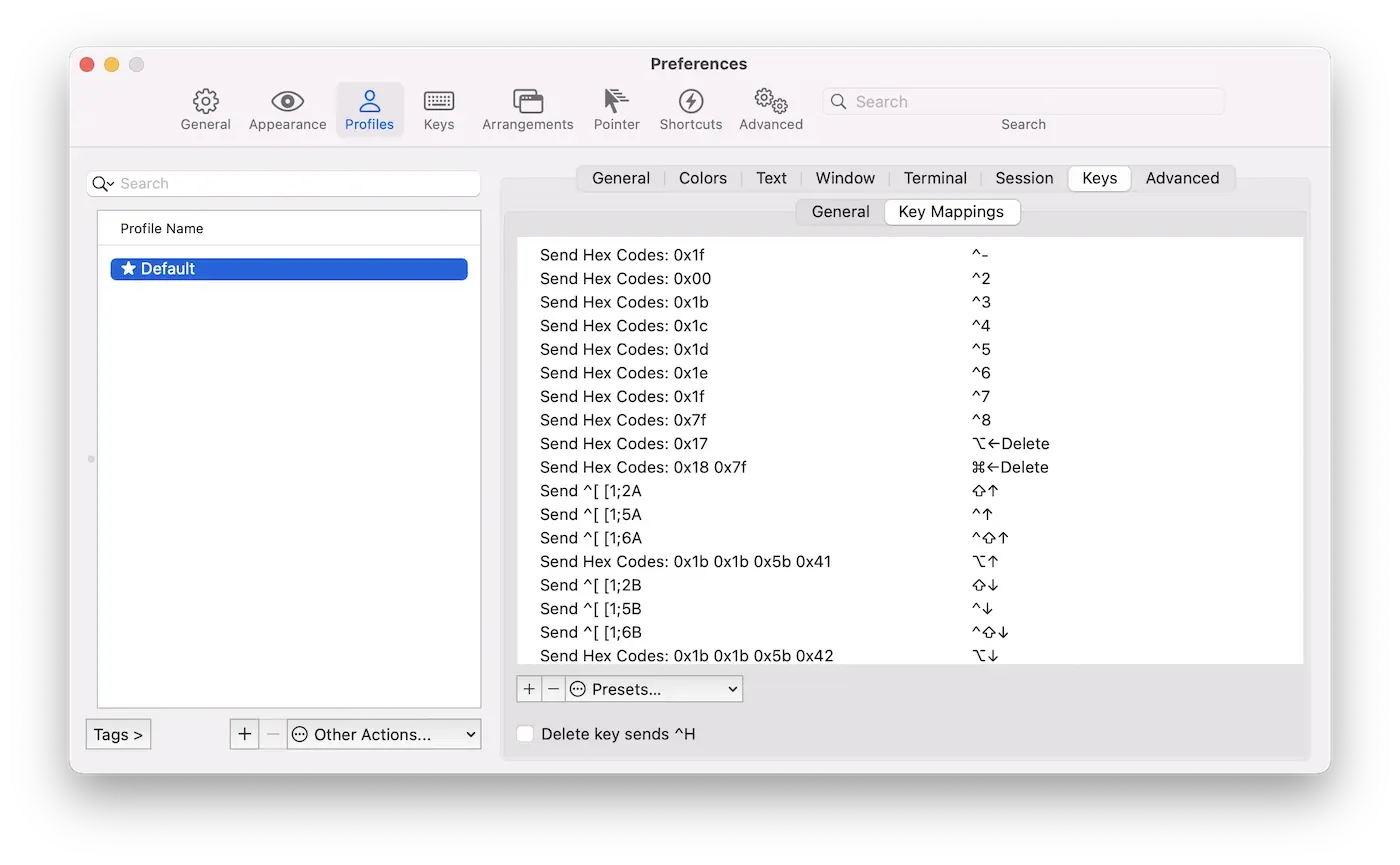 iTerm2 Preferences: Profiles › Keys › Key Mappings