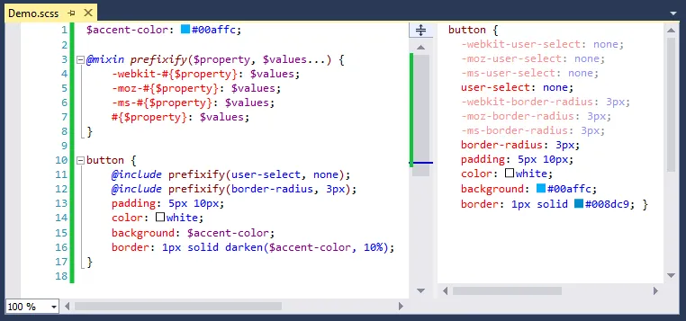 Working with a Sass file in the Mindscape Web Workbench