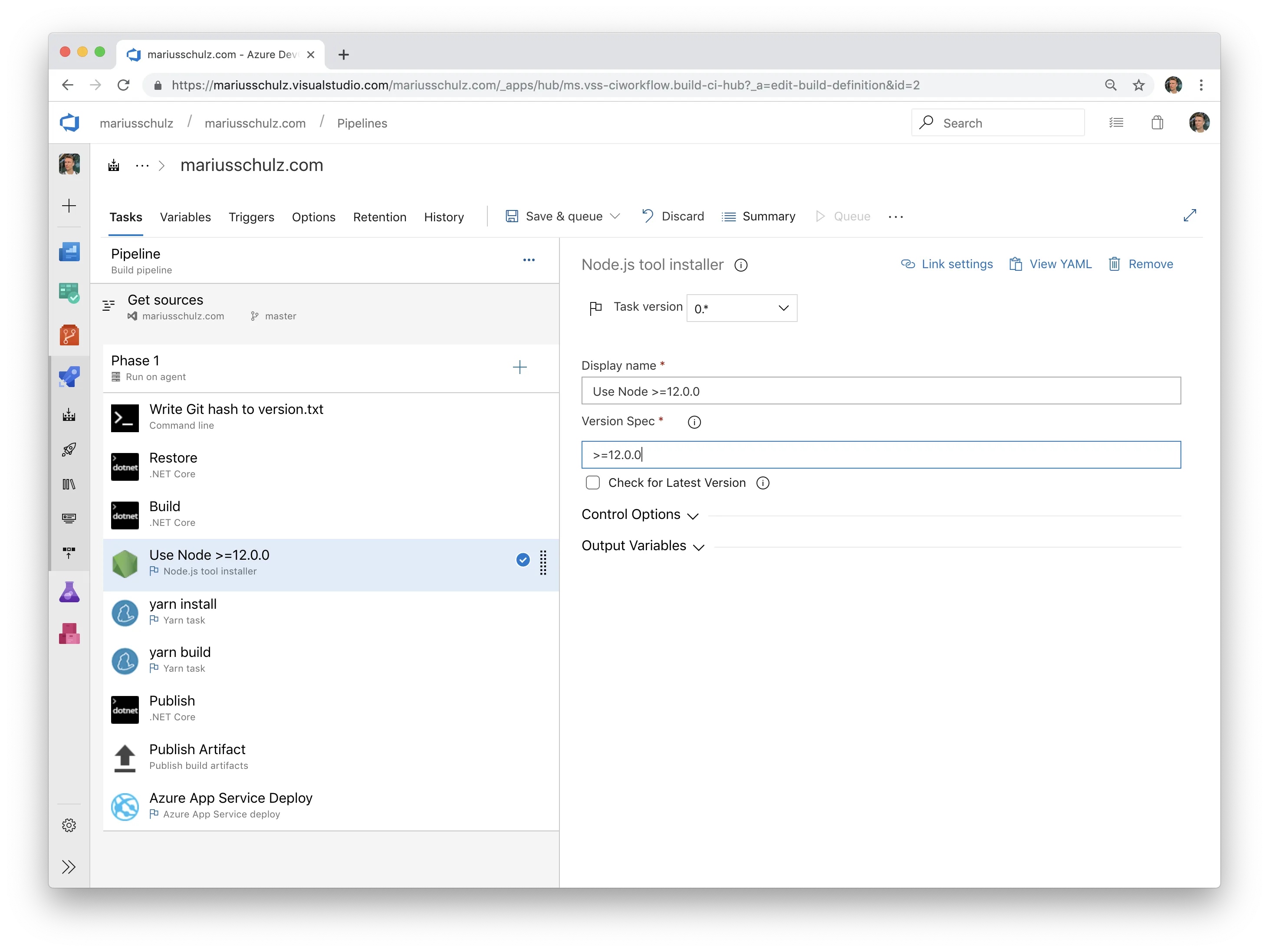 Configuring the minimum Node.js version in an Azure DevOps build pipeline