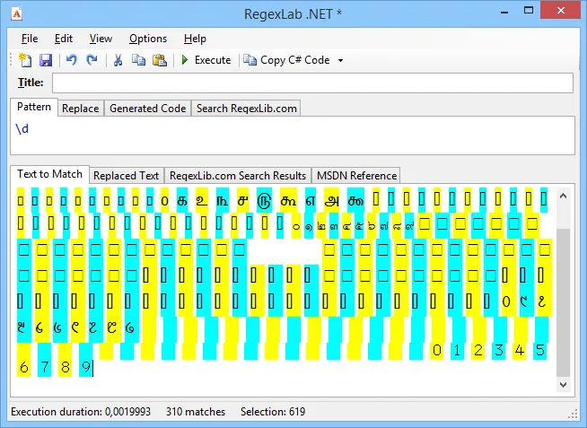 Matching digits shown in Regex Lab .NET