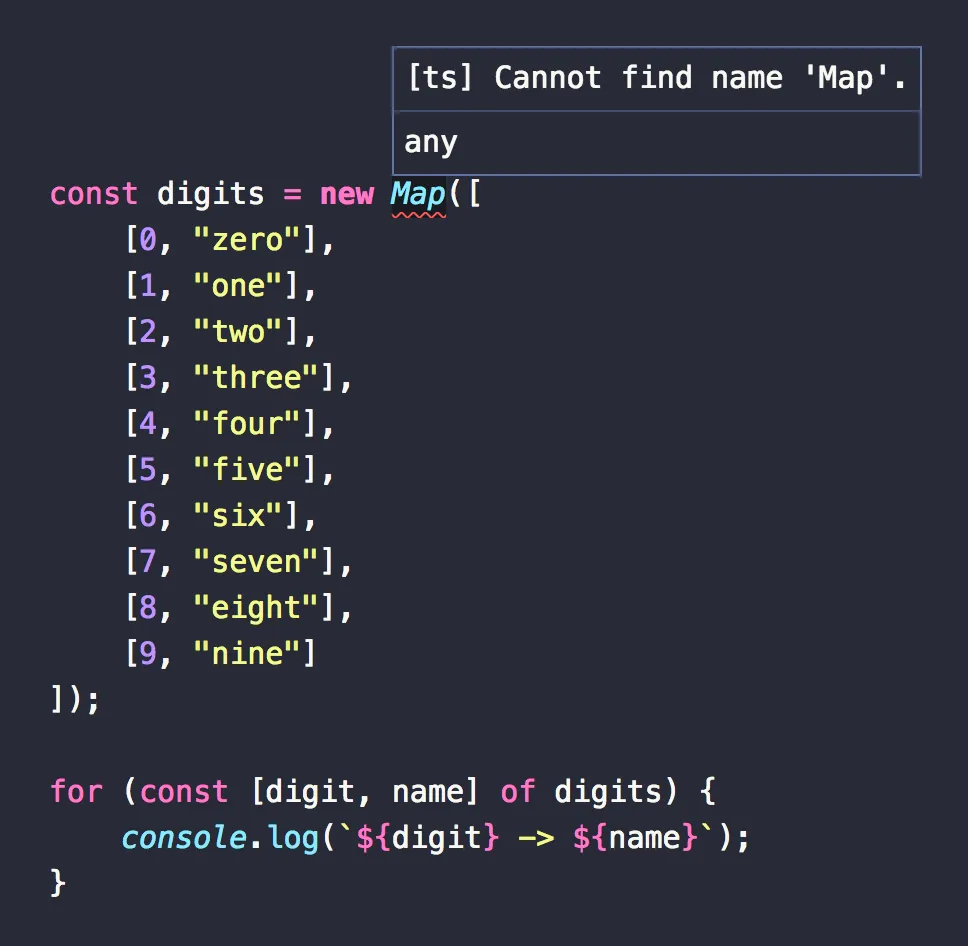 TypeScript compile-time error: Cannot find name 'Map'.