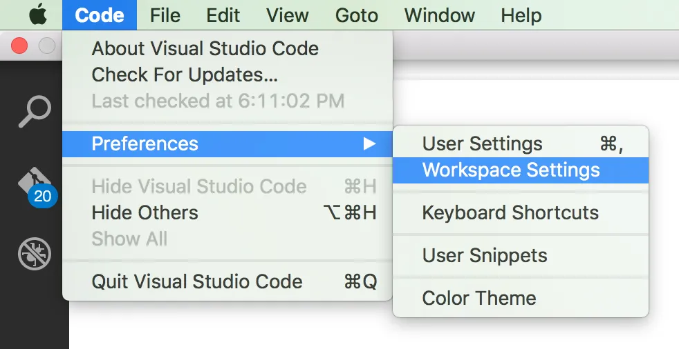 Visual Studio Code: Preferences > Workspace Settings