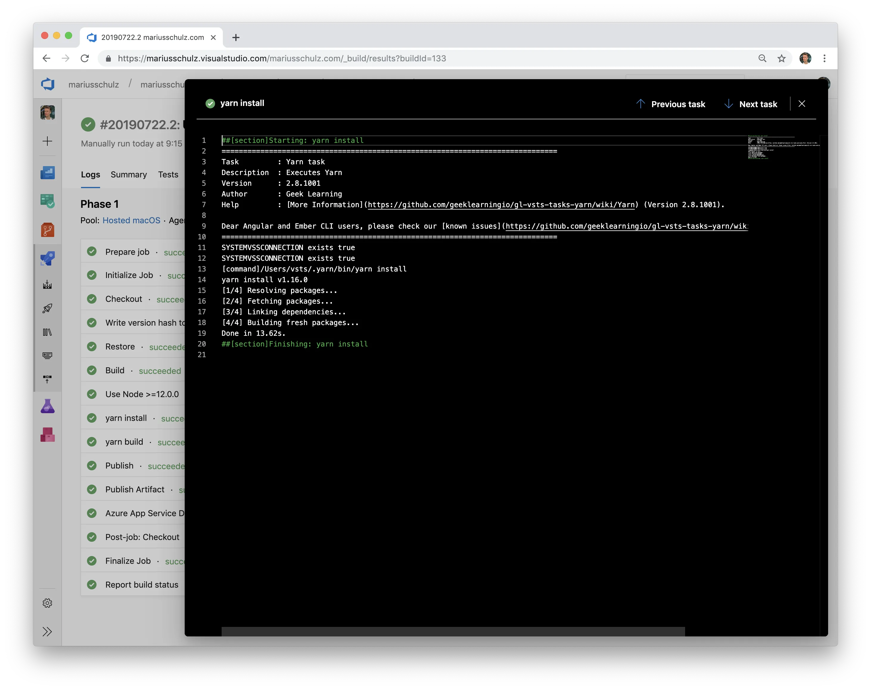 Successfully completed yarn install task in Azure DevOps build pipeline