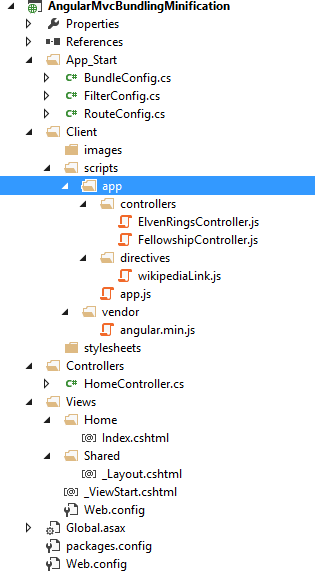 Project Structure of an ASP.NET MVC Application Hosting an AngularJS application