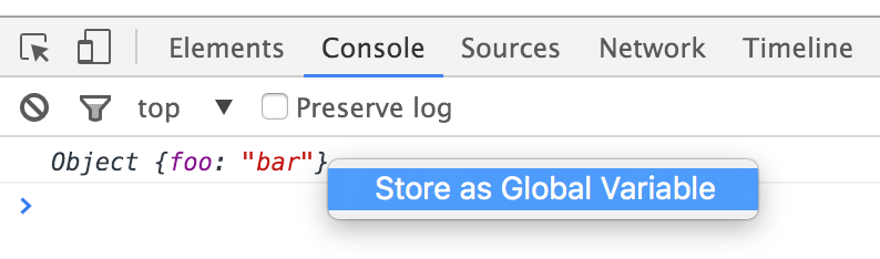 Chrome menu 'Store as Global Variable'