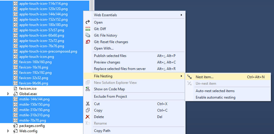 Context Menu for File Nesting in the Solution Explorer